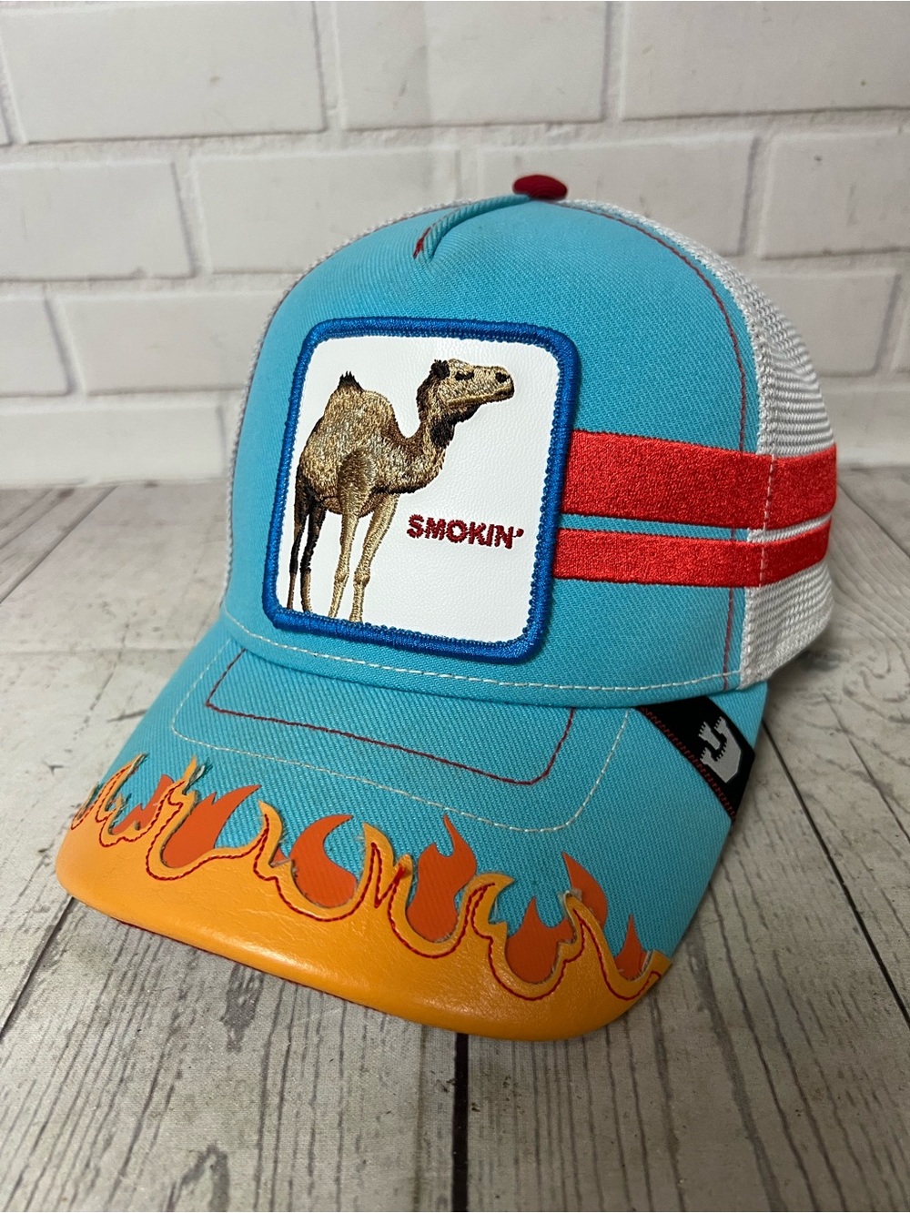 Goorin Bros The Farm Trucker Snapback Hat Somebody Stop Me Smokin' Camel Blue